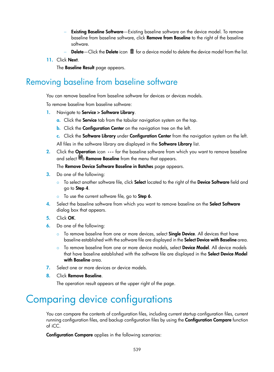 Removing baseline from baseline software, Comparing device configurations, Comparing device | Configurations | H3C Technologies H3C Intelligent Management Center User Manual | Page 553 / 1065