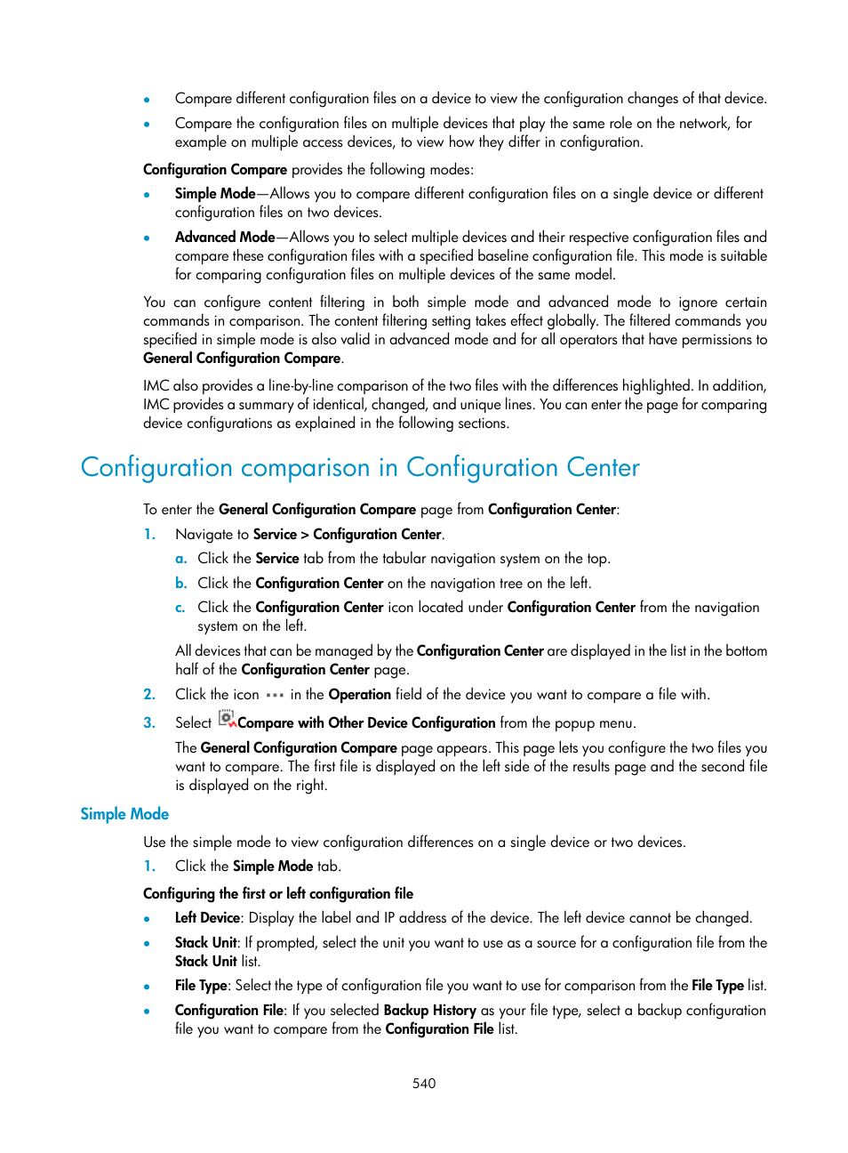 Configuration comparison in configuration center, Simple mode | H3C Technologies H3C Intelligent Management Center User Manual | Page 554 / 1065