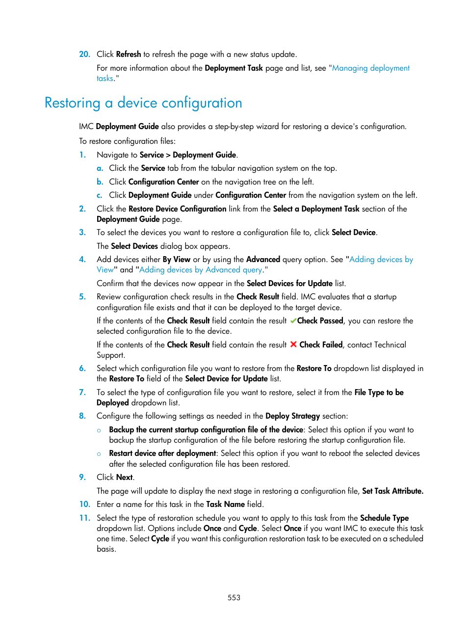 Restoring a device configuration, Restoring a device, Configuration | H3C Technologies H3C Intelligent Management Center User Manual | Page 567 / 1065