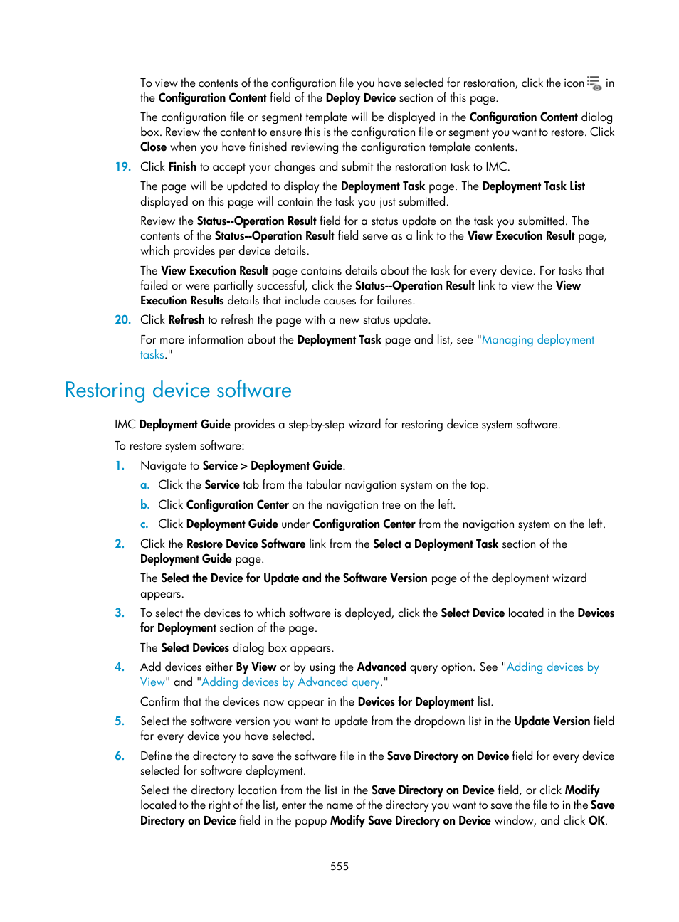 Restoring device software | H3C Technologies H3C Intelligent Management Center User Manual | Page 569 / 1065