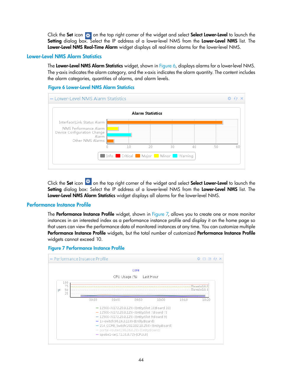 Lower-level nms alarm statistics, Performance instance profile | H3C Technologies H3C Intelligent Management Center User Manual | Page 58 / 1065