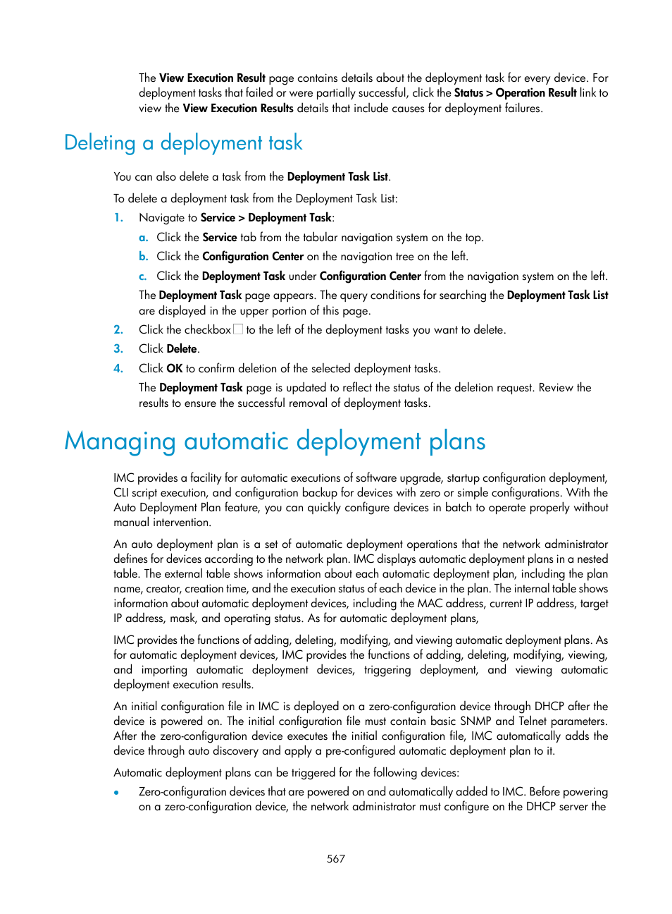 Deleting a deployment task, Managing automatic deployment plans | H3C Technologies H3C Intelligent Management Center User Manual | Page 581 / 1065