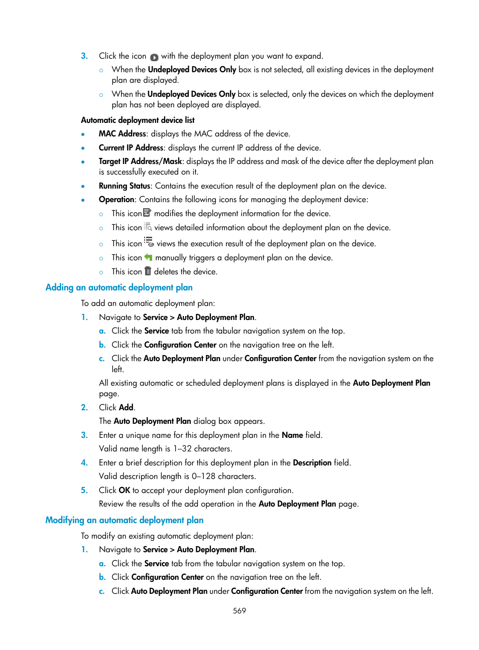 Adding an automatic deployment plan, Modifying an automatic deployment plan | H3C Technologies H3C Intelligent Management Center User Manual | Page 583 / 1065