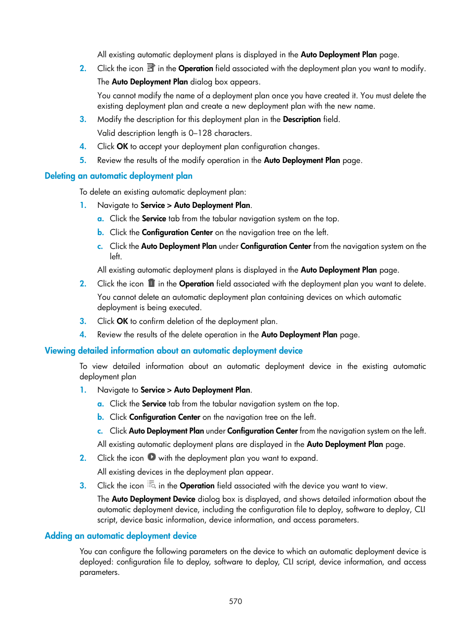 Deleting an automatic deployment plan, Adding an automatic deployment device | H3C Technologies H3C Intelligent Management Center User Manual | Page 584 / 1065