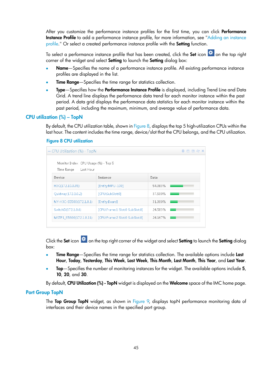 Cpu utilization (%) – topn, Port group topn | H3C Technologies H3C Intelligent Management Center User Manual | Page 59 / 1065