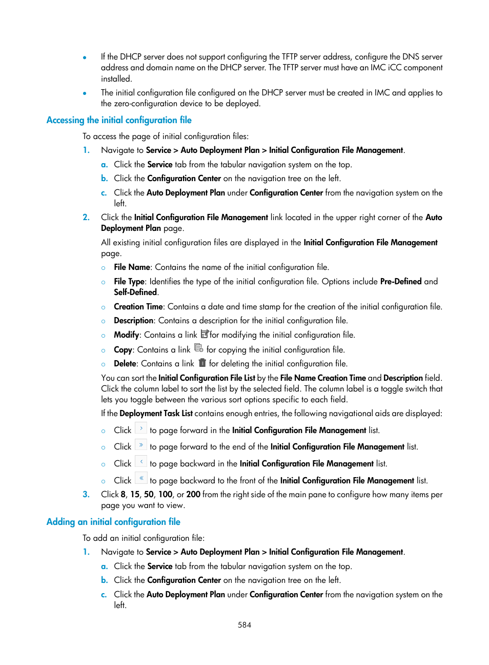 Accessing the initial configuration file, Adding an initial configuration file | H3C Technologies H3C Intelligent Management Center User Manual | Page 598 / 1065