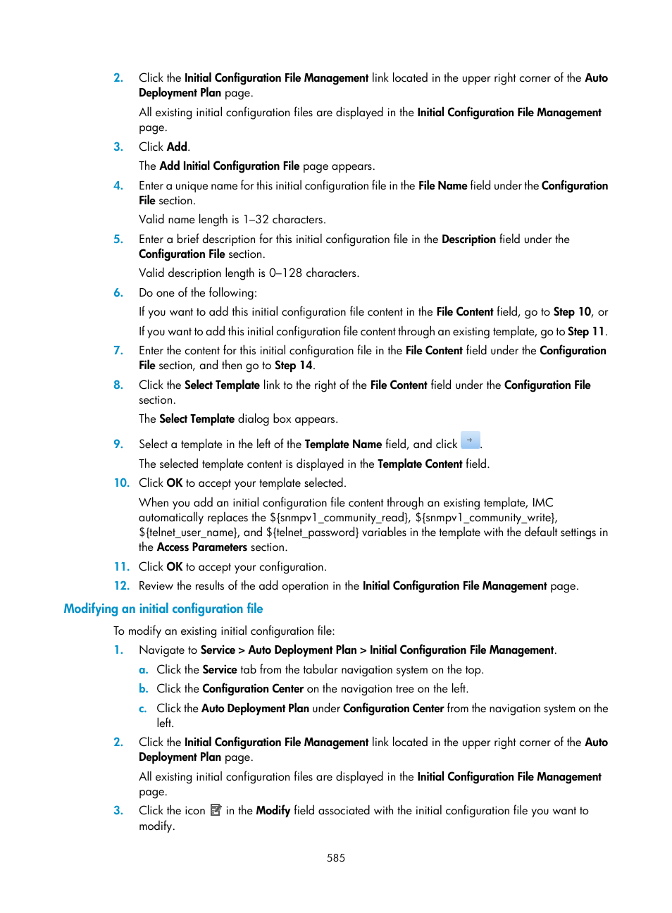 Modifying an initial configuration file | H3C Technologies H3C Intelligent Management Center User Manual | Page 599 / 1065