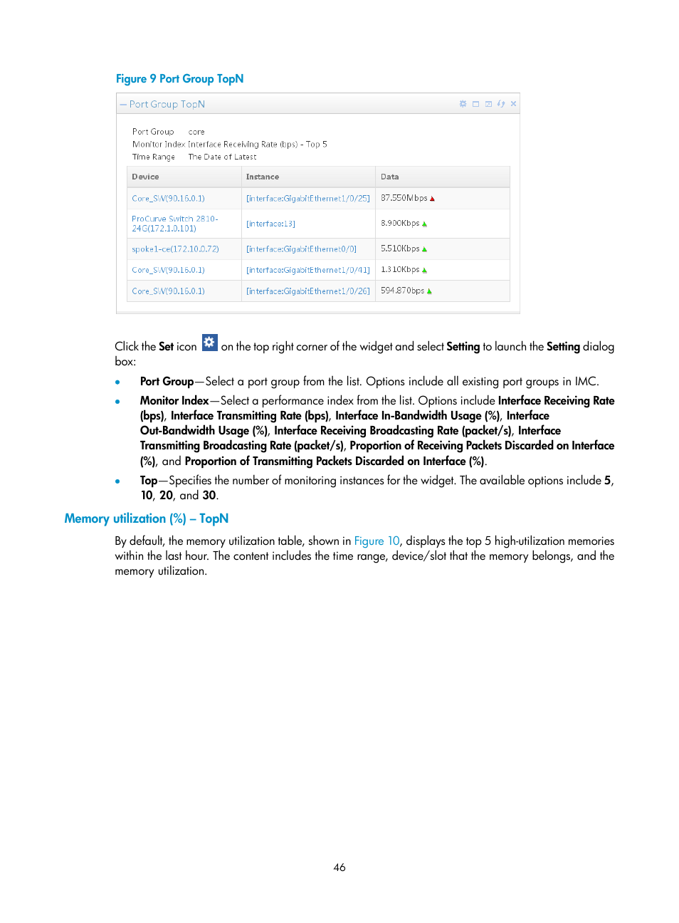 Memory utilization (%) – topn, Figure 9 | H3C Technologies H3C Intelligent Management Center User Manual | Page 60 / 1065