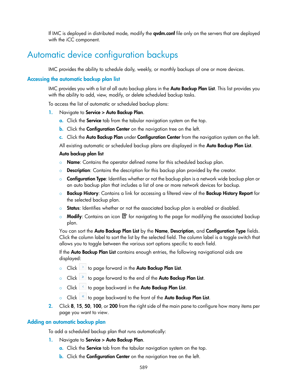 Automatic device configuration backups, Accessing the automatic backup plan list, Adding an automatic backup plan | Automatic device configuration, Backups | H3C Technologies H3C Intelligent Management Center User Manual | Page 603 / 1065