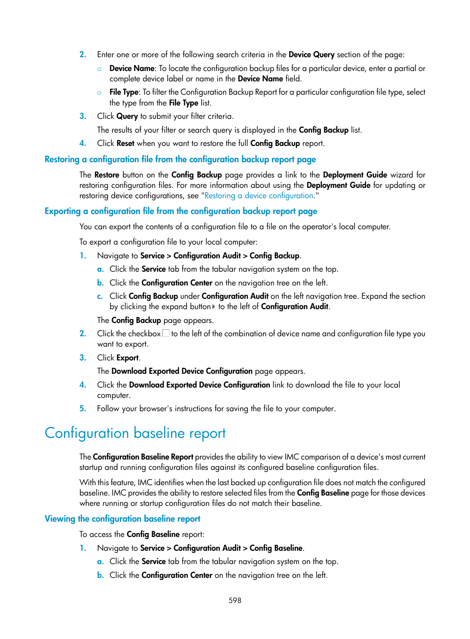 Configuration baseline report, Viewing the configuration baseline report | H3C Technologies H3C Intelligent Management Center User Manual | Page 612 / 1065