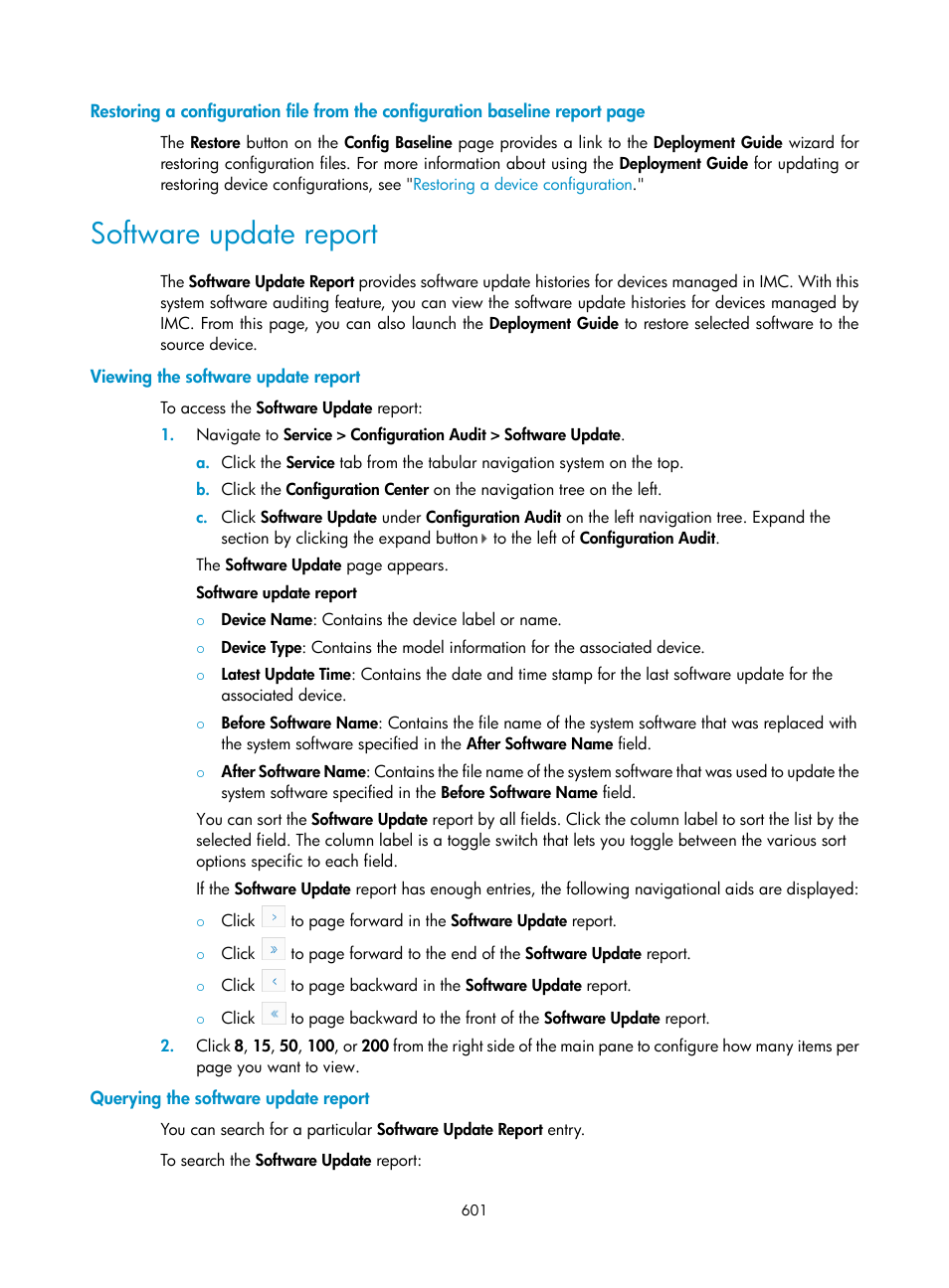 Software update report, Viewing the software update report, Querying the software update report | H3C Technologies H3C Intelligent Management Center User Manual | Page 615 / 1065