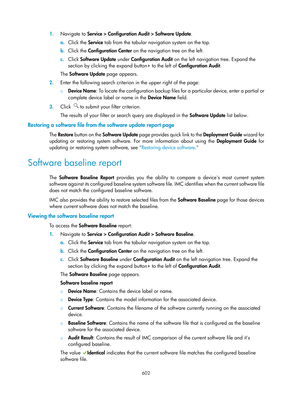 Software baseline report, Viewing the software baseline report | H3C Technologies H3C Intelligent Management Center User Manual | Page 616 / 1065