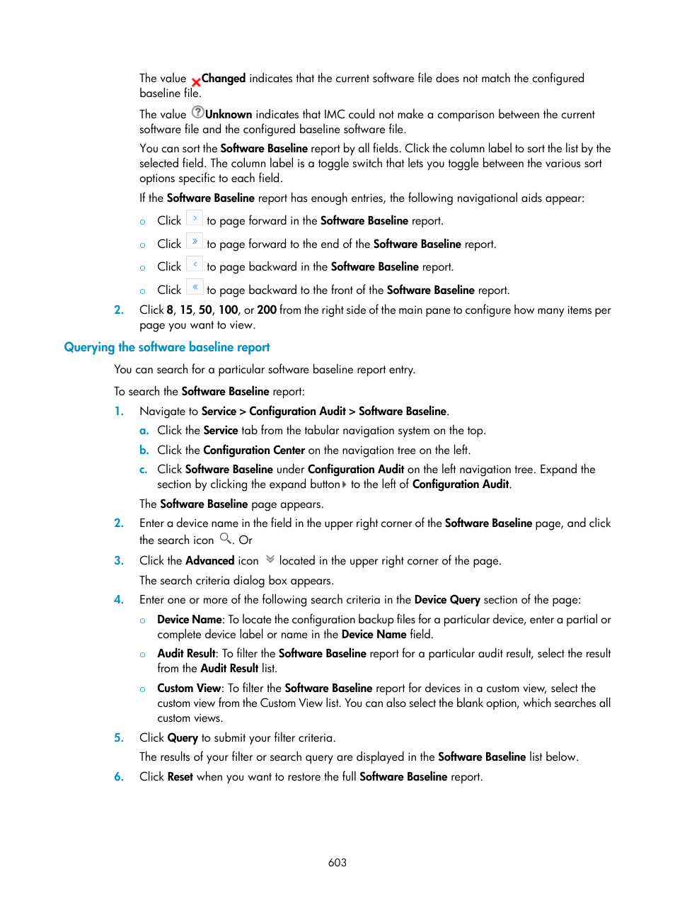 Querying the software baseline report | H3C Technologies H3C Intelligent Management Center User Manual | Page 617 / 1065