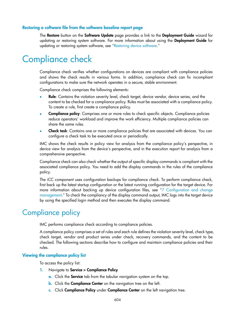 Compliance check, Compliance policy, Viewing the compliance policy list | H3C Technologies H3C Intelligent Management Center User Manual | Page 618 / 1065