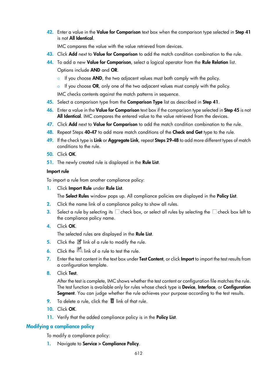 Modifying a compliance policy | H3C Technologies H3C Intelligent Management Center User Manual | Page 626 / 1065