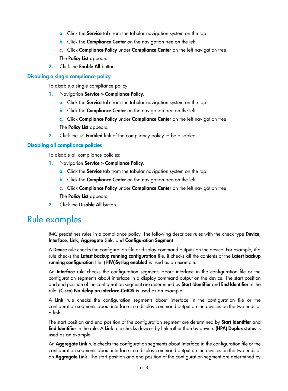 Disabling a single compliance policy, Disabling all compliance policies, Rule examples | H3C Technologies H3C Intelligent Management Center User Manual | Page 632 / 1065