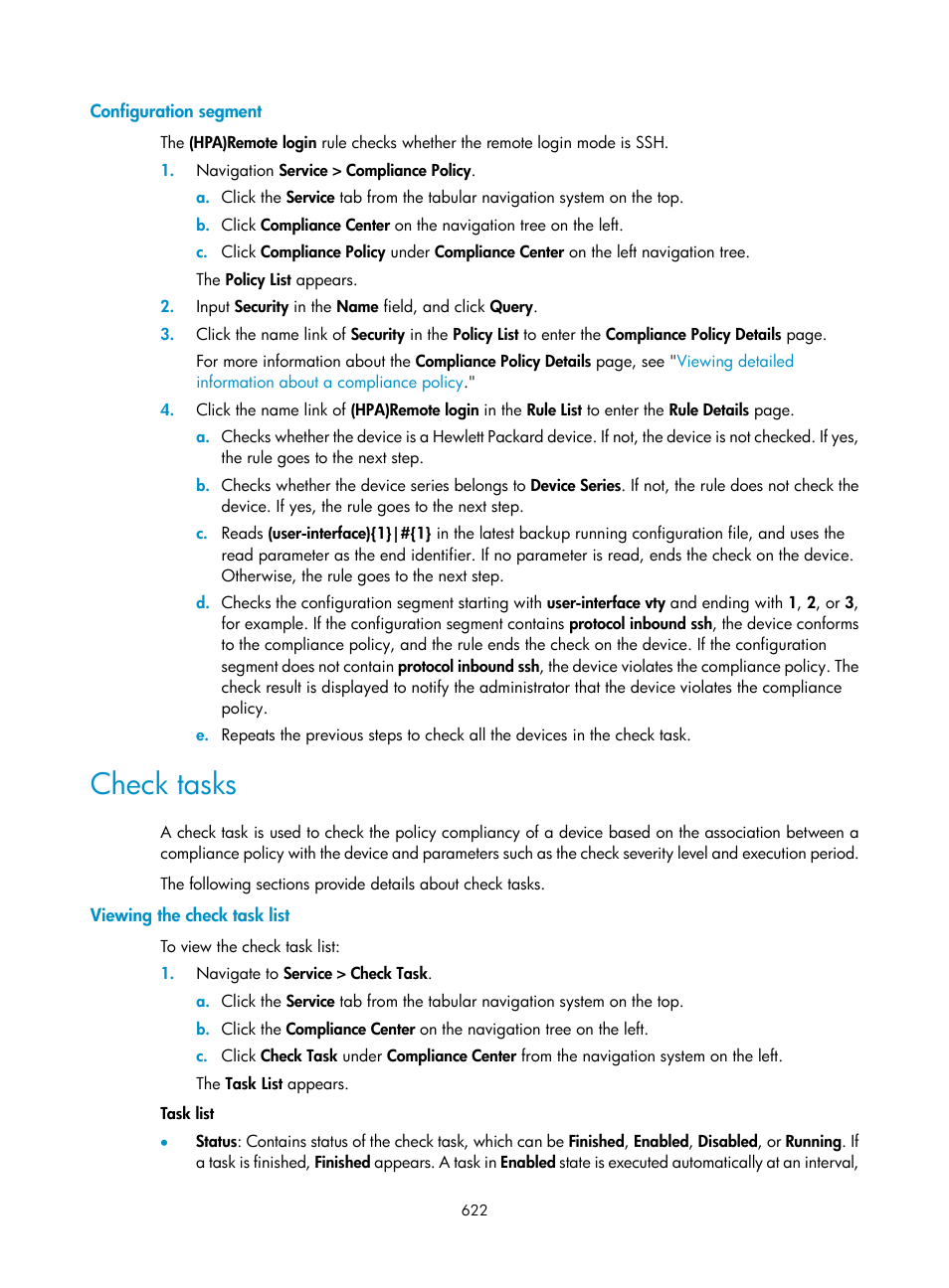 Configuration segment, Check tasks, Viewing the check task list | H3C Technologies H3C Intelligent Management Center User Manual | Page 636 / 1065