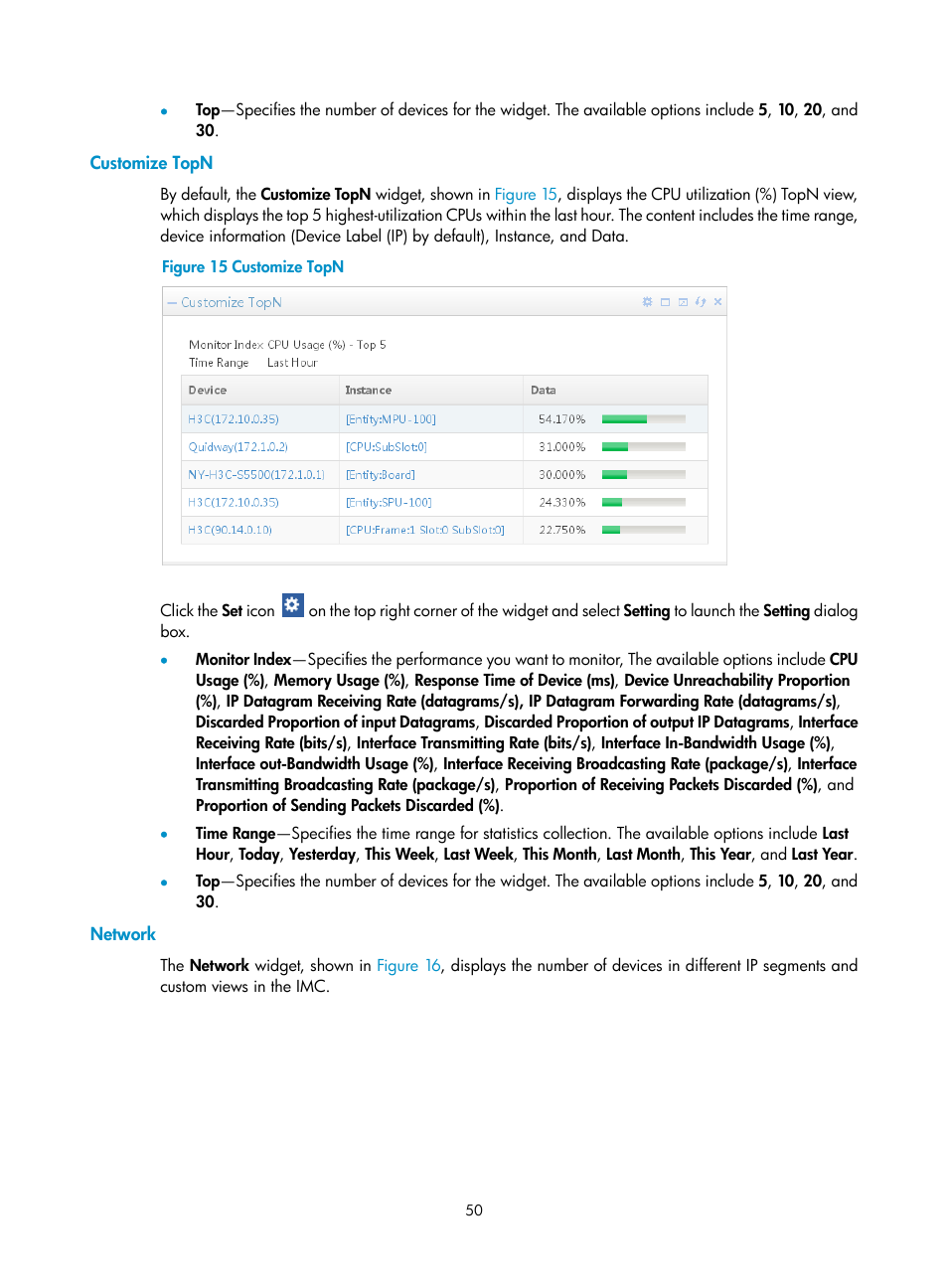 Customize topn, Network | H3C Technologies H3C Intelligent Management Center User Manual | Page 64 / 1065