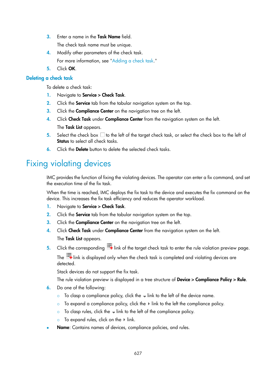 Deleting a check task, Fixing violating devices | H3C Technologies H3C Intelligent Management Center User Manual | Page 641 / 1065