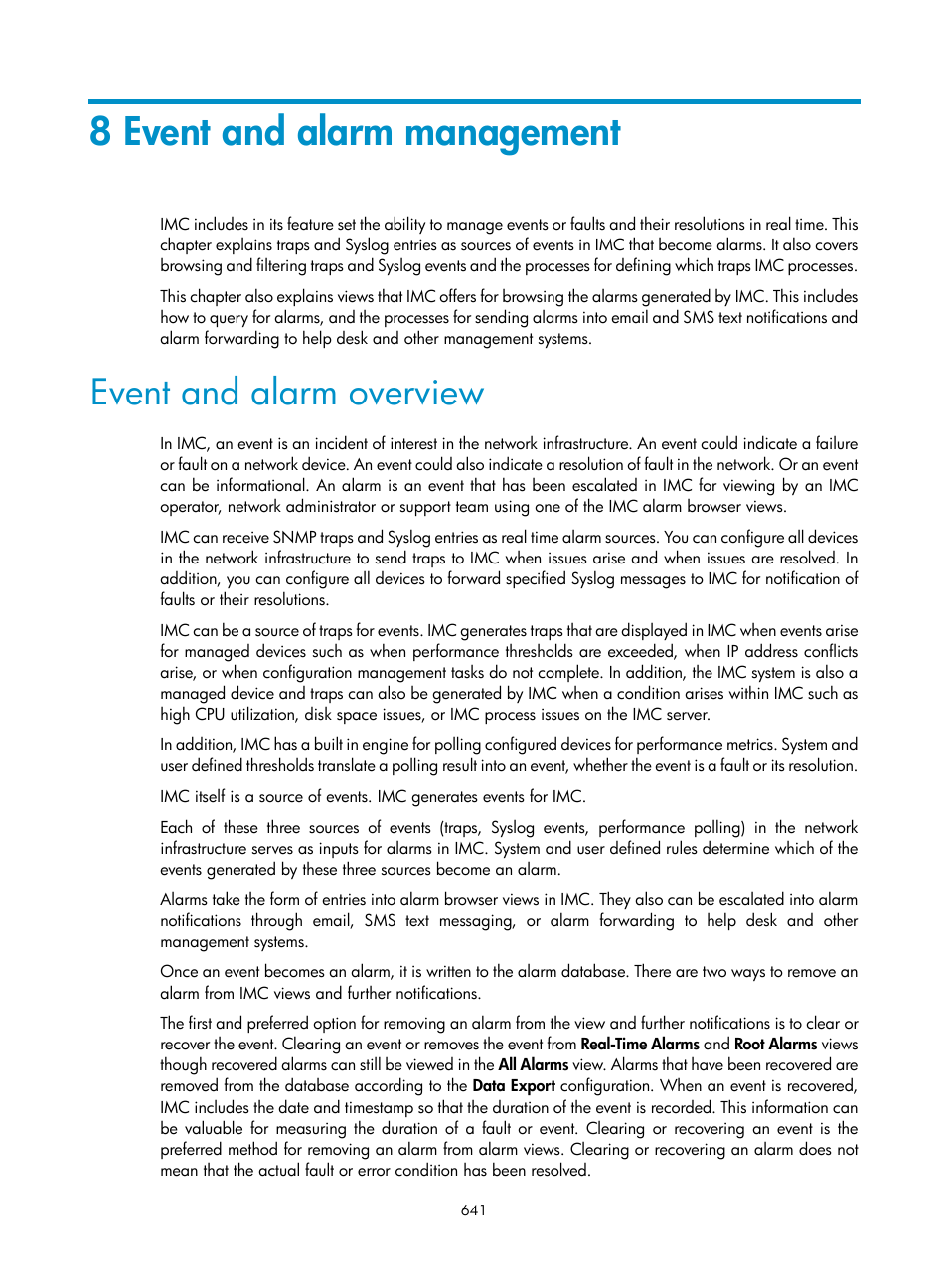 8 event and alarm management, Event and alarm overview, 8 event and alarm | Management, 8 event and, Alarm management | H3C Technologies H3C Intelligent Management Center User Manual | Page 655 / 1065
