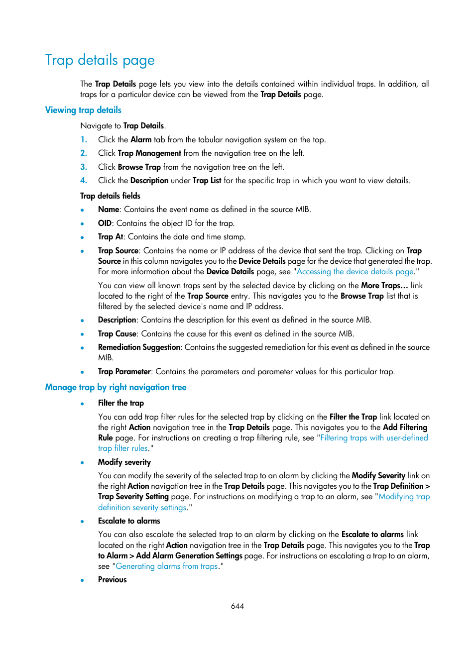 Viewing trap details, Manage trap by right navigation tree, Trap details page | H3C Technologies H3C Intelligent Management Center User Manual | Page 658 / 1065