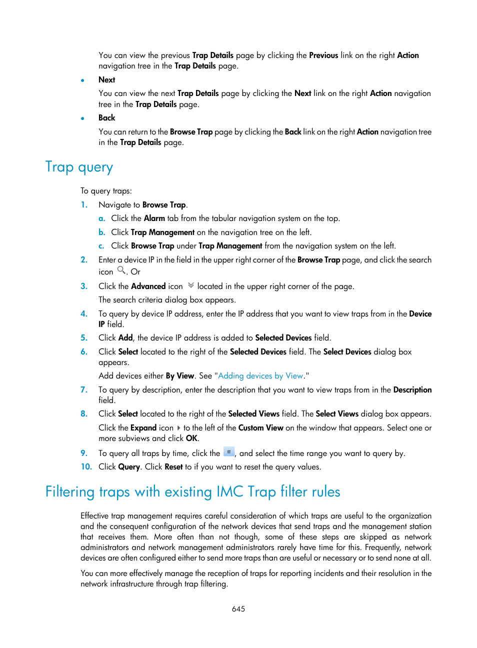 Trap query | H3C Technologies H3C Intelligent Management Center User Manual | Page 659 / 1065