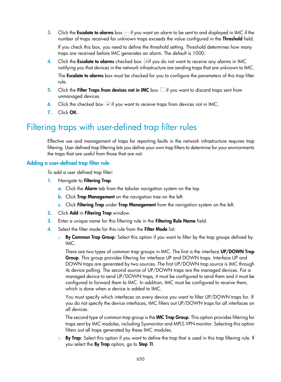 Adding a user-defined trap filter rule, Filtering traps with user-defined, Trap filter rules | H3C Technologies H3C Intelligent Management Center User Manual | Page 664 / 1065