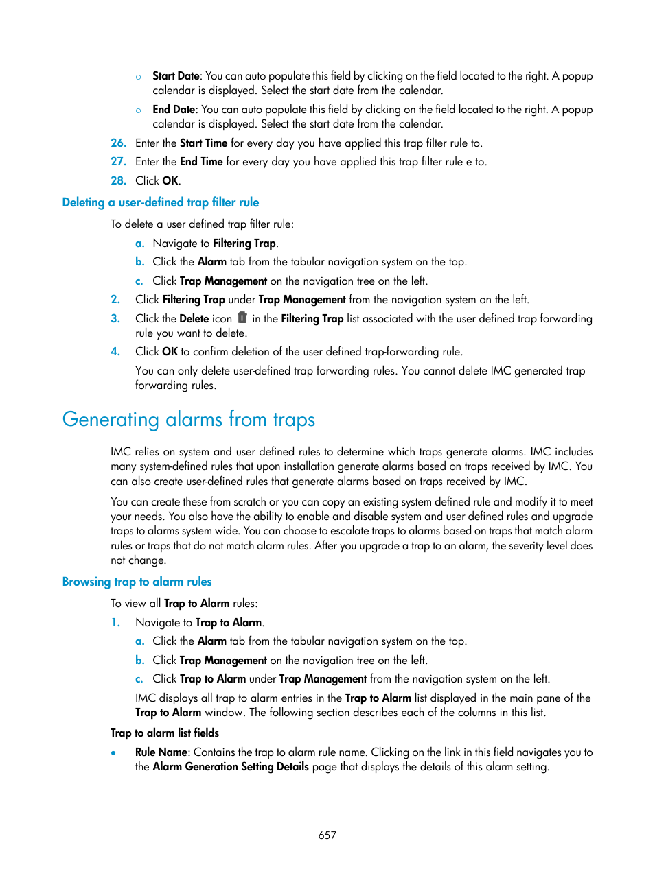 Deleting a user-defined trap filter rule, Generating alarms from traps, Browsing trap to alarm rules | H3C Technologies H3C Intelligent Management Center User Manual | Page 671 / 1065