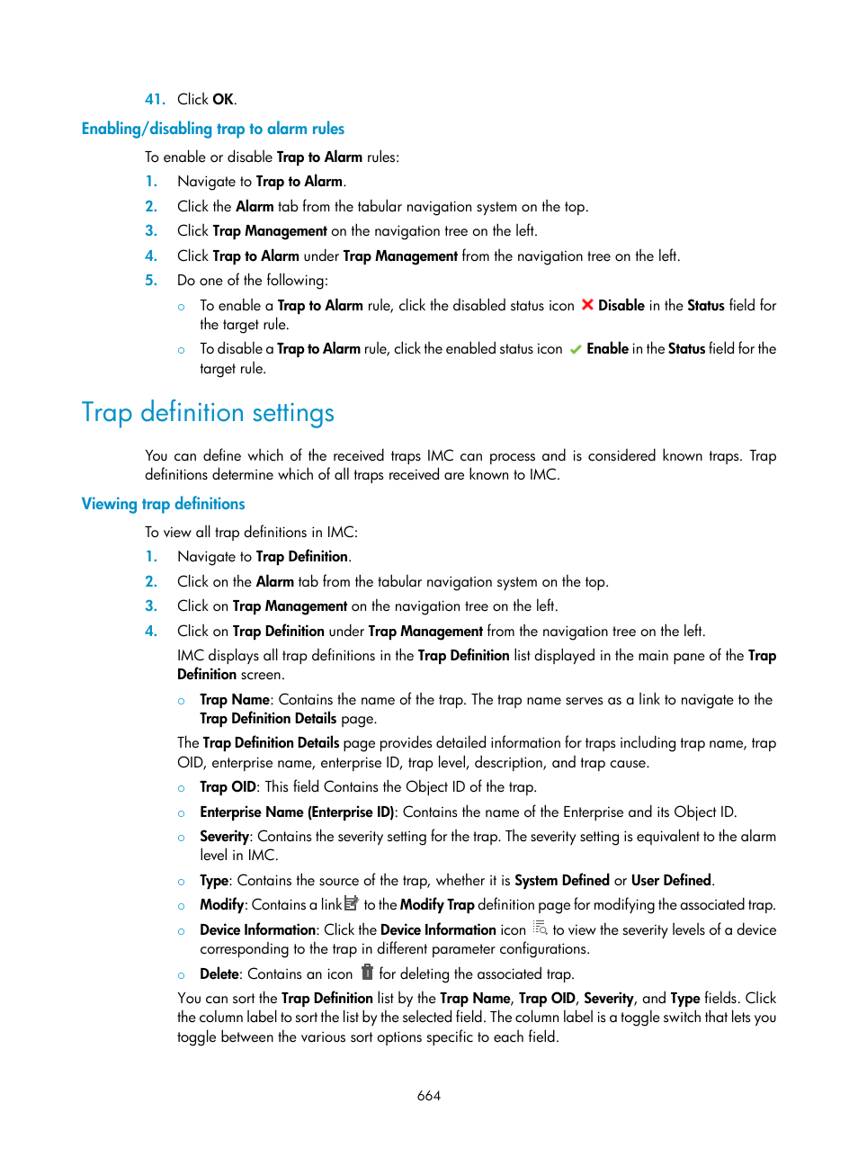 Enabling/disabling trap to alarm rules, Trap definition settings, Viewing trap definitions | H3C Technologies H3C Intelligent Management Center User Manual | Page 678 / 1065