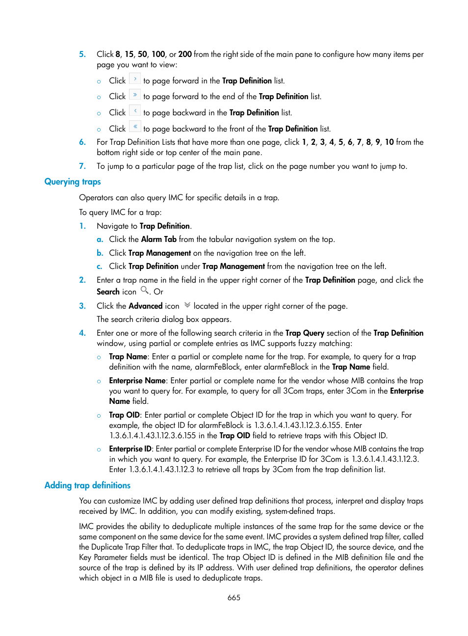 Querying traps, Adding trap definitions | H3C Technologies H3C Intelligent Management Center User Manual | Page 679 / 1065