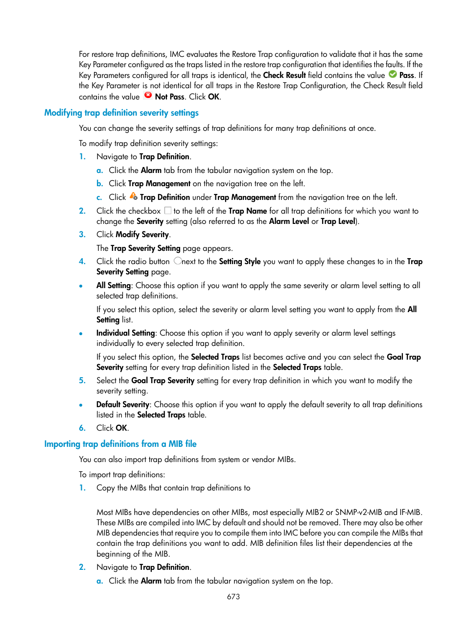 Modifying trap definition severity settings, Importing trap definitions from a mib file, Modifying trap | Definition severity settings | H3C Technologies H3C Intelligent Management Center User Manual | Page 687 / 1065