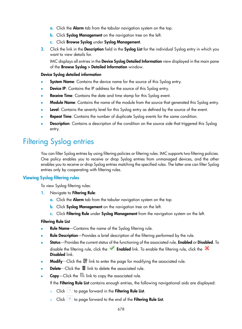 Filtering syslog entries, Viewing syslog filtering rules | H3C Technologies H3C Intelligent Management Center User Manual | Page 692 / 1065