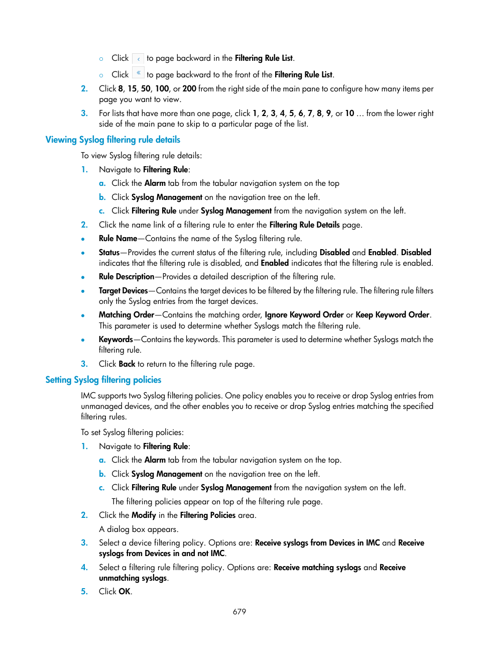 Viewing syslog filtering rule details, Setting syslog filtering policies | H3C Technologies H3C Intelligent Management Center User Manual | Page 693 / 1065