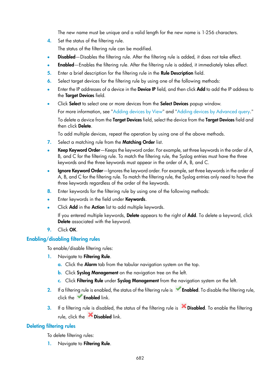 Enabling/disabling filtering rules, Deleting filtering rules | H3C Technologies H3C Intelligent Management Center User Manual | Page 696 / 1065