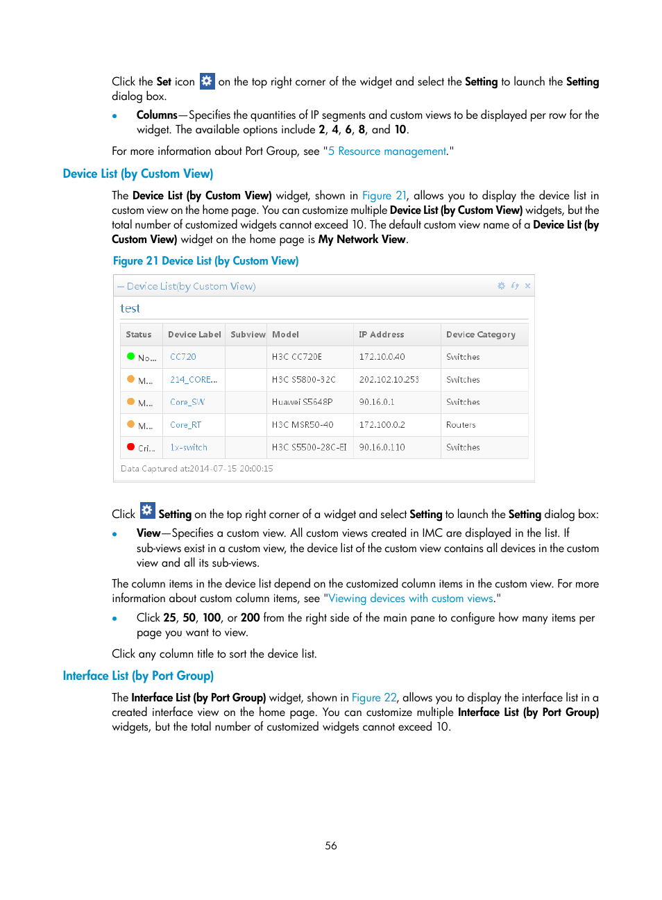 Device list (by custom view), Interface list (by port group) | H3C Technologies H3C Intelligent Management Center User Manual | Page 70 / 1065