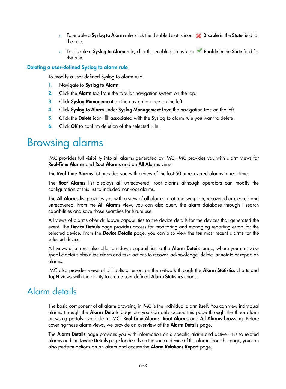 Deleting a user-defined syslog to alarm rule, Browsing alarms, Alarm details | H3C Technologies H3C Intelligent Management Center User Manual | Page 707 / 1065