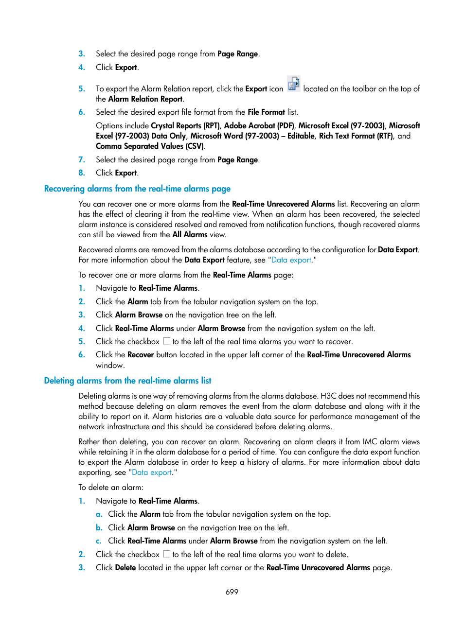 Deleting alarms from the real-time alarms list | H3C Technologies H3C Intelligent Management Center User Manual | Page 713 / 1065