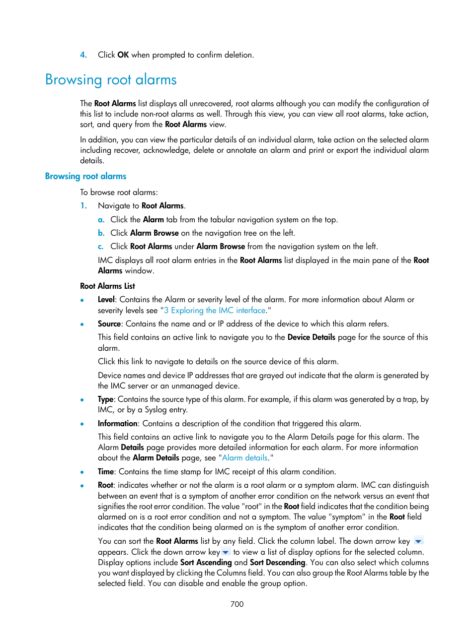 Browsing root alarms | H3C Technologies H3C Intelligent Management Center User Manual | Page 714 / 1065