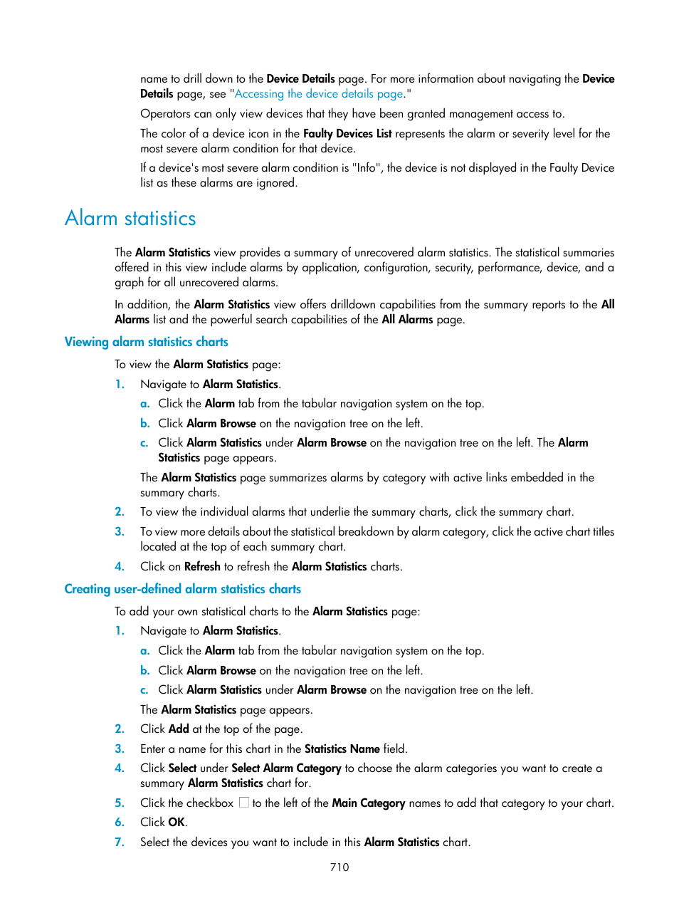 Alarm statistics, Viewing alarm statistics charts, Creating user-defined alarm statistics charts | H3C Technologies H3C Intelligent Management Center User Manual | Page 724 / 1065