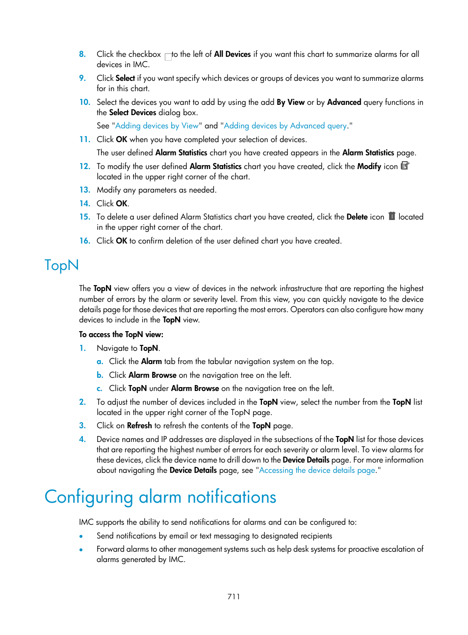 Topn, Configuring alarm notifications | H3C Technologies H3C Intelligent Management Center User Manual | Page 725 / 1065