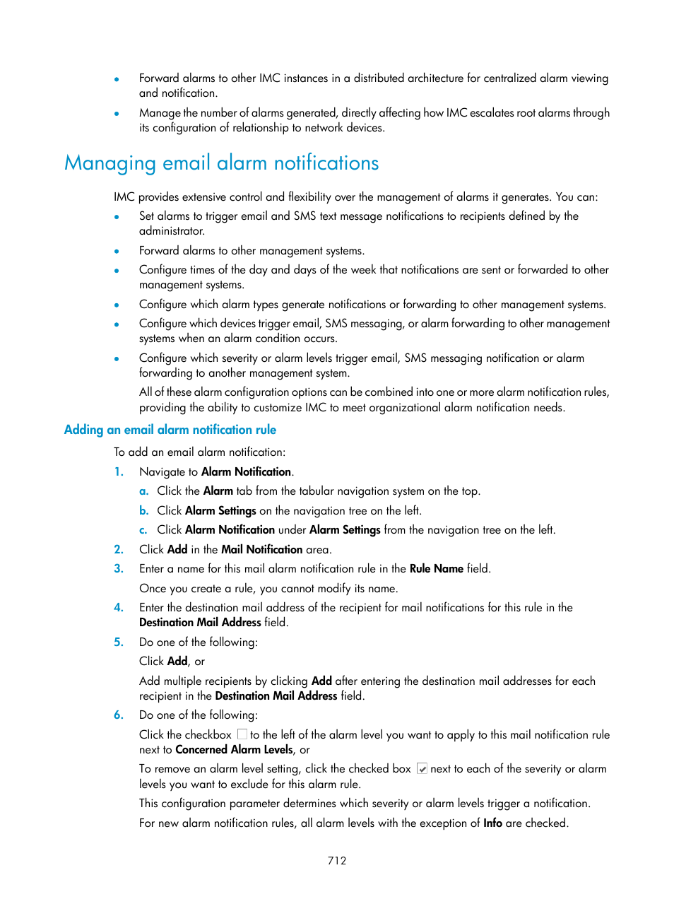 Managing email alarm notifications, Adding an email alarm notification rule | H3C Technologies H3C Intelligent Management Center User Manual | Page 726 / 1065