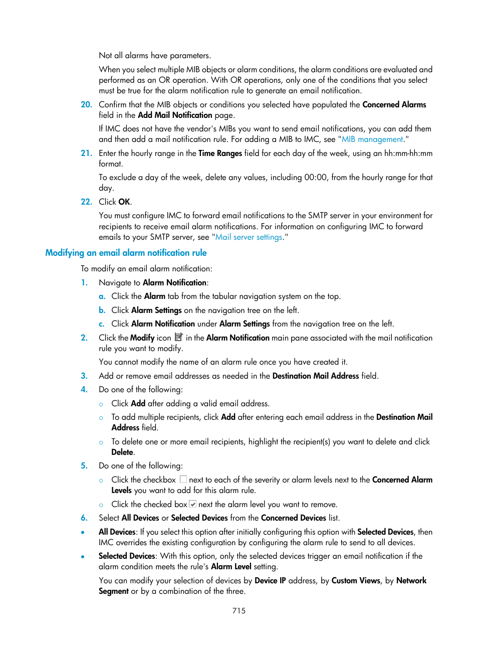 Modifying an email alarm notification rule | H3C Technologies H3C Intelligent Management Center User Manual | Page 729 / 1065