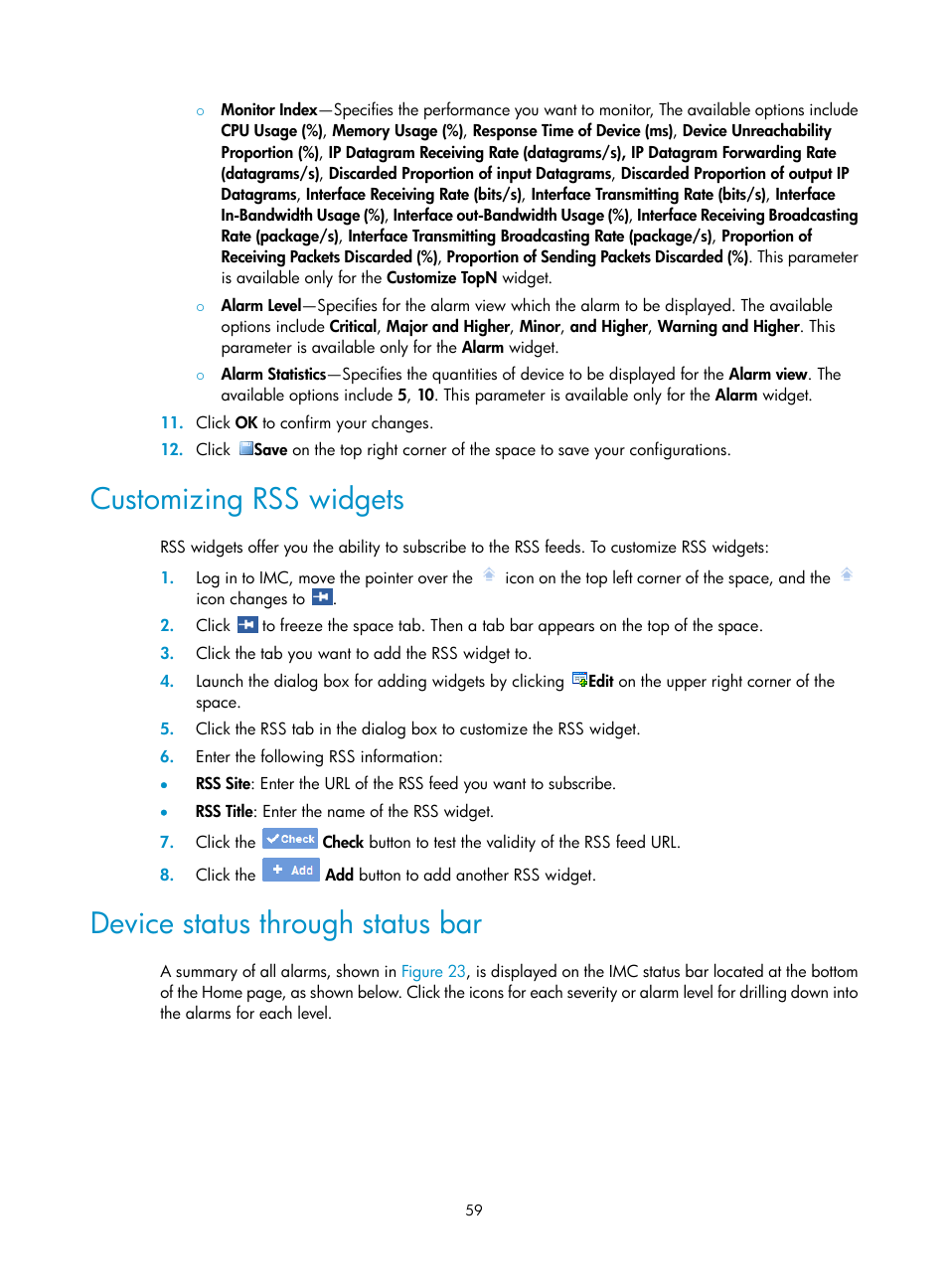 Customizing rss widgets, Device status through status bar | H3C Technologies H3C Intelligent Management Center User Manual | Page 73 / 1065