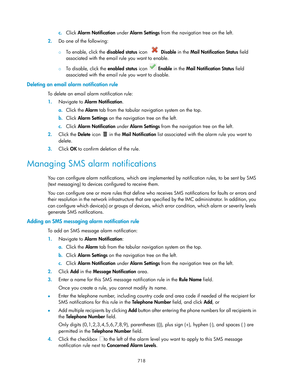 Deleting an email alarm notification rule, Managing sms alarm notifications, Adding an sms messaging alarm notification rule | H3C Technologies H3C Intelligent Management Center User Manual | Page 732 / 1065