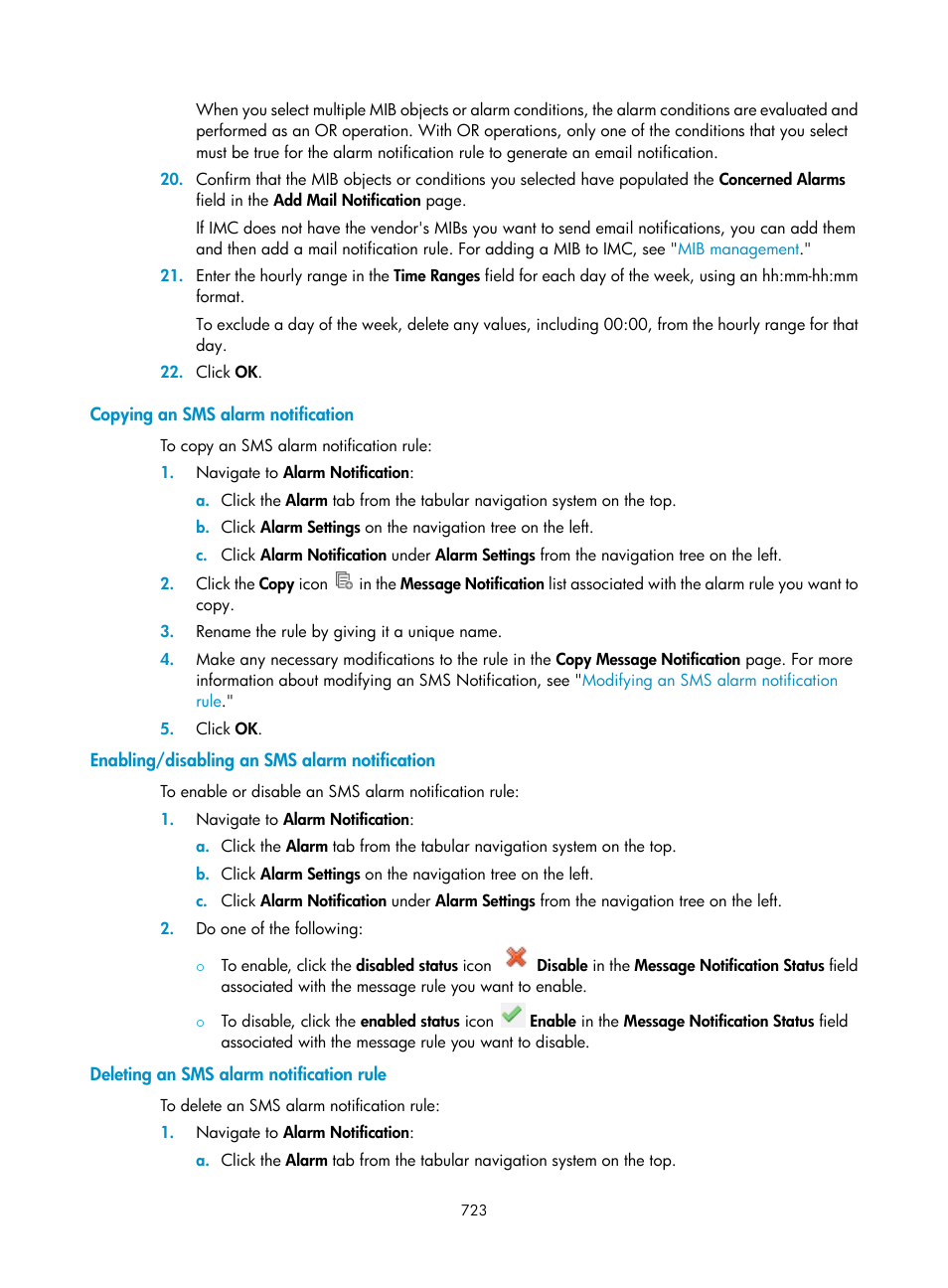 Copying an sms alarm notification, Enabling/disabling an sms alarm notification, Deleting an sms alarm notification rule | H3C Technologies H3C Intelligent Management Center User Manual | Page 737 / 1065