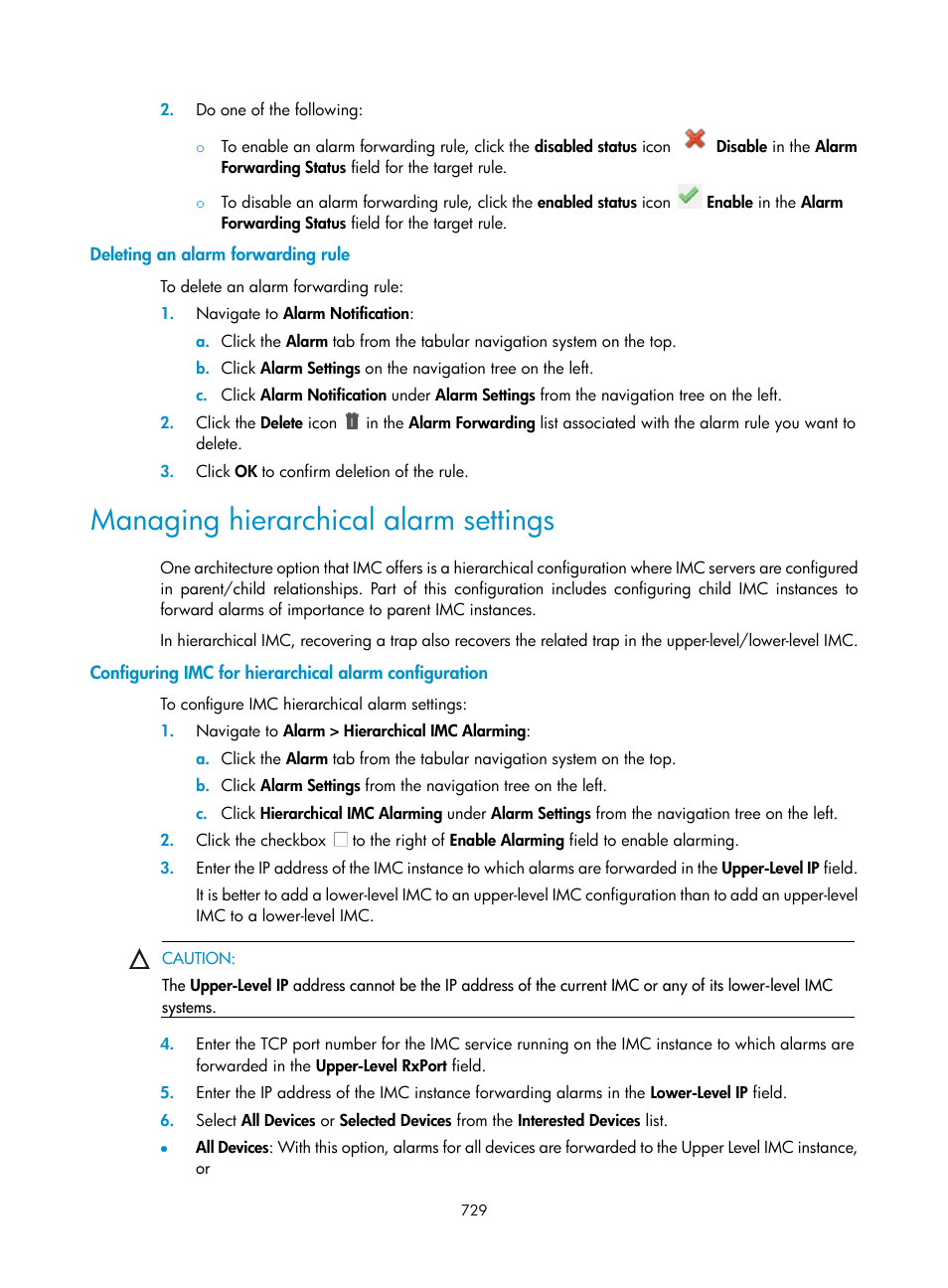 Deleting an alarm forwarding rule, Managing hierarchical alarm settings, Managing hierarchical | Alarm settings | H3C Technologies H3C Intelligent Management Center User Manual | Page 743 / 1065