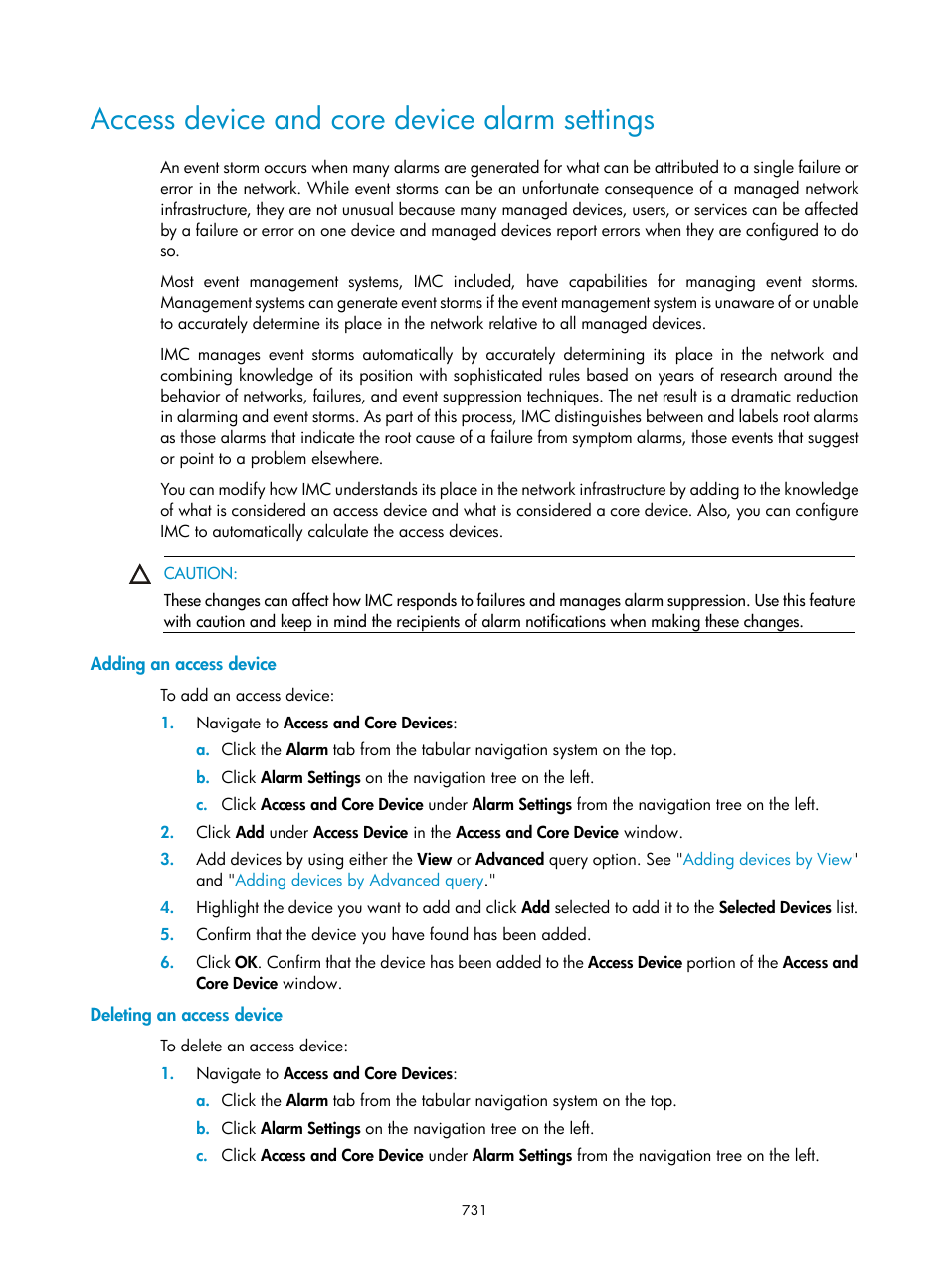 Access device and core device alarm settings, Adding an access device, Deleting an access device | H3C Technologies H3C Intelligent Management Center User Manual | Page 745 / 1065