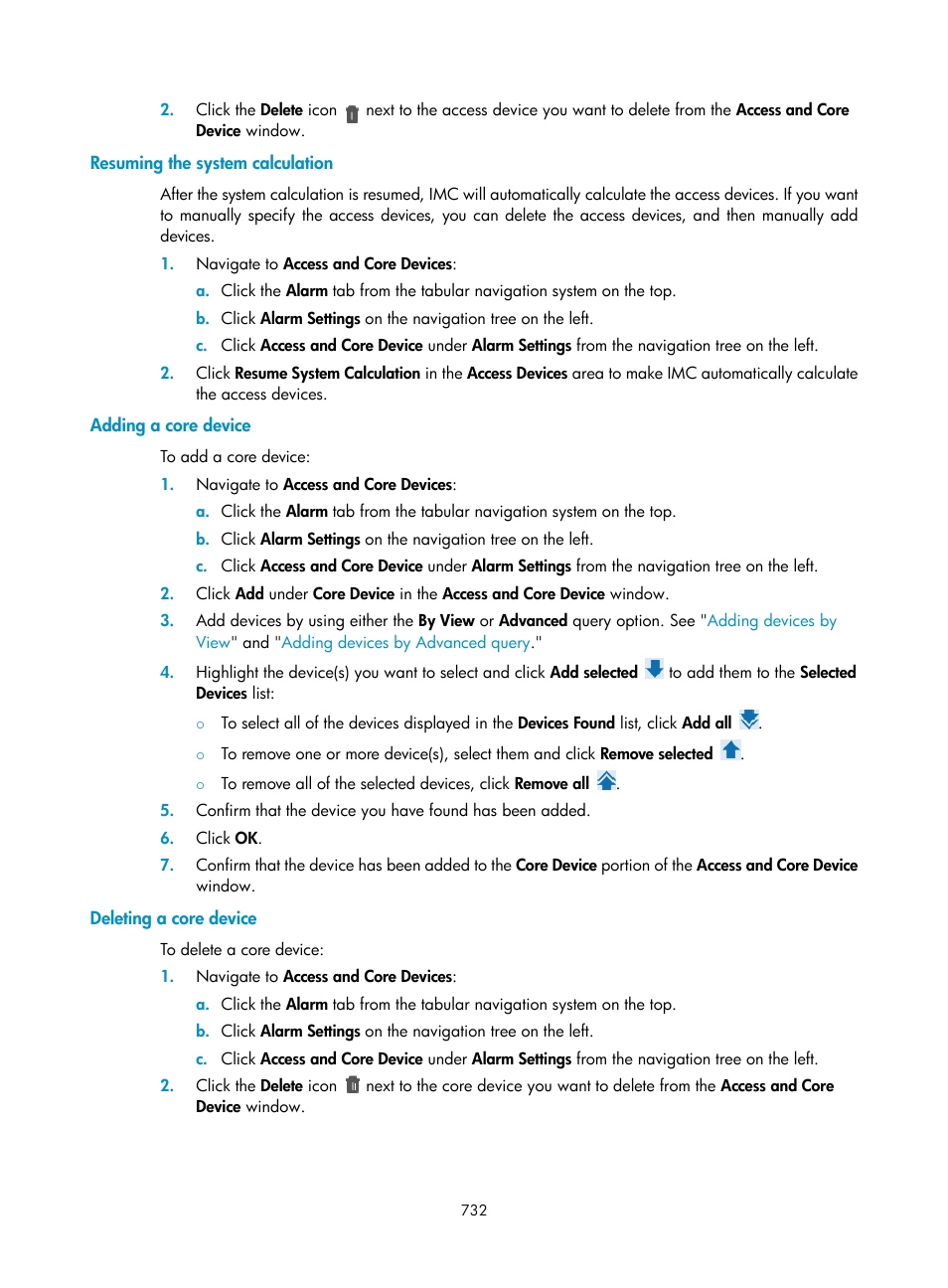 Resuming the system calculation, Adding a core device, Deleting a core device | H3C Technologies H3C Intelligent Management Center User Manual | Page 746 / 1065