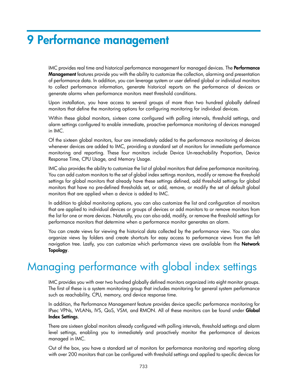 9 performance management, Managing performance with global index settings, 9 performance | Management, Performance management | H3C Technologies H3C Intelligent Management Center User Manual | Page 747 / 1065