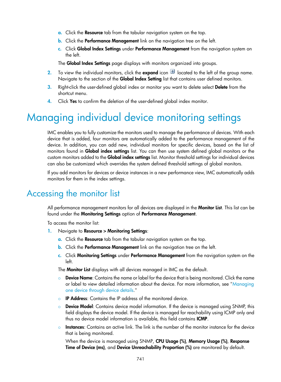 Managing individual device monitoring settings, Accessing the monitor list | H3C Technologies H3C Intelligent Management Center User Manual | Page 755 / 1065